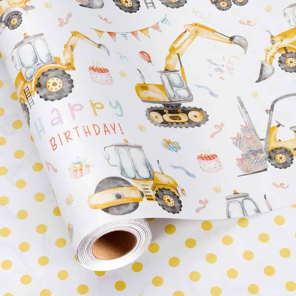 Reversible Construction Birthday Wrapping Paper For Kids - 17 In X 16.4 Ft(23.3 Sqft) - Reversible Gift Wrap Paper With Yellow Truck Excavator Digger For Kids Boys Birthday, Baby Shower, Christmas