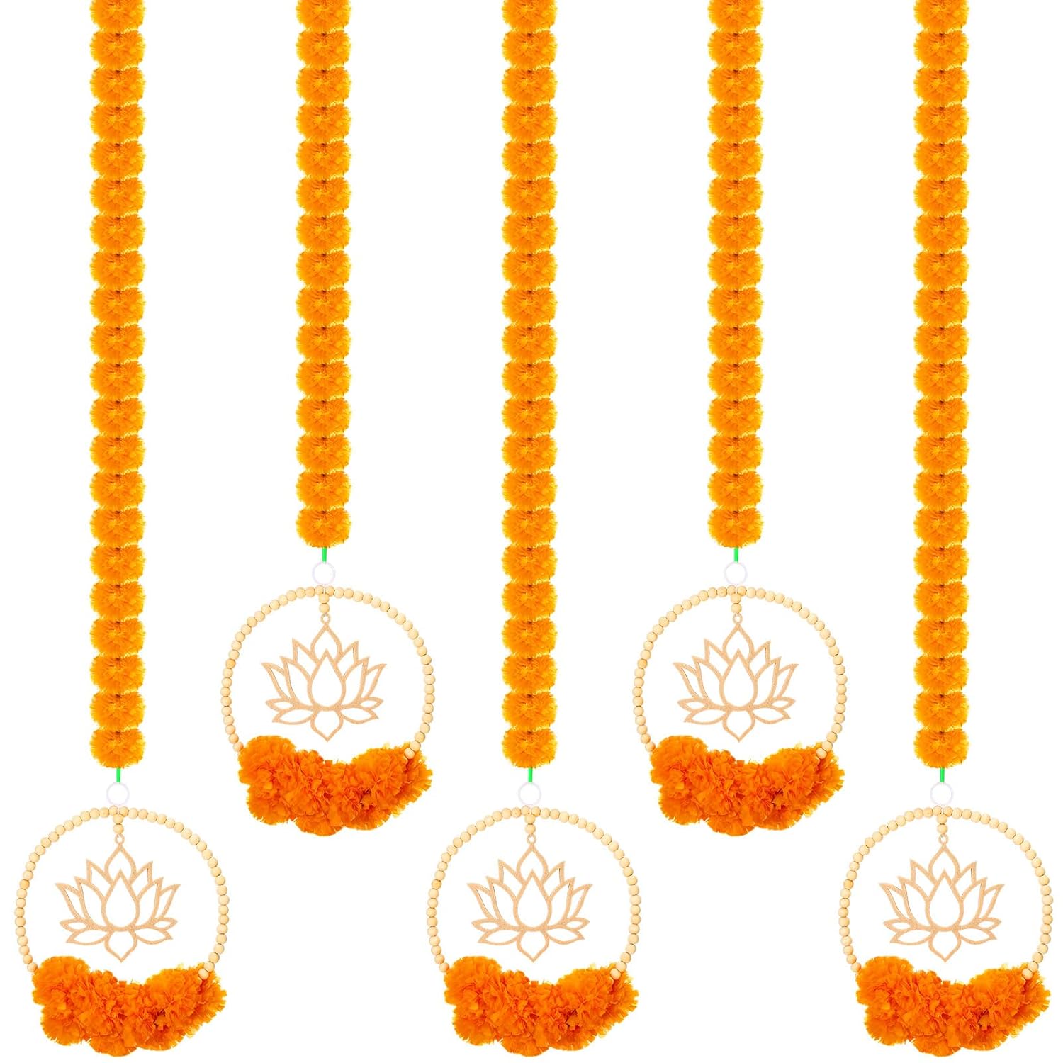5 Pcs 69.6 Inch Diwali Artificial Marigold Garland With Lotus Wood Bead Hanging For Decoration Artificial Flowers Long Strands Indian Pooja Ganesh Decor For Indian Wedding Pooja Christmas Party