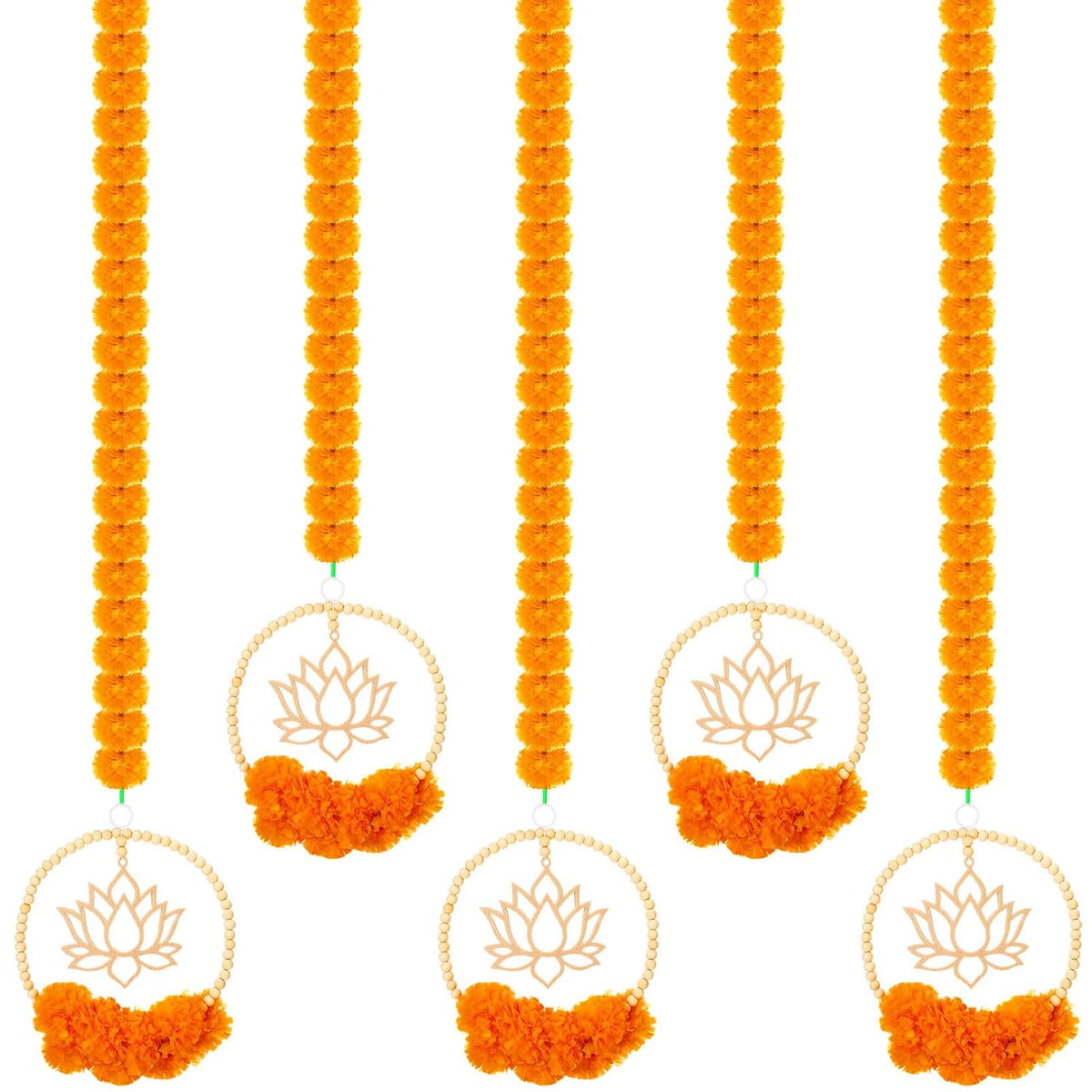 5 Pcs 69.6 Inch Diwali Artificial Marigold Garland With Lotus Wood Bead Hanging For Decoration Artificial Flowers Long Strands Indian Pooja Ganesh Decor For Indian Wedding Pooja Christmas Party
