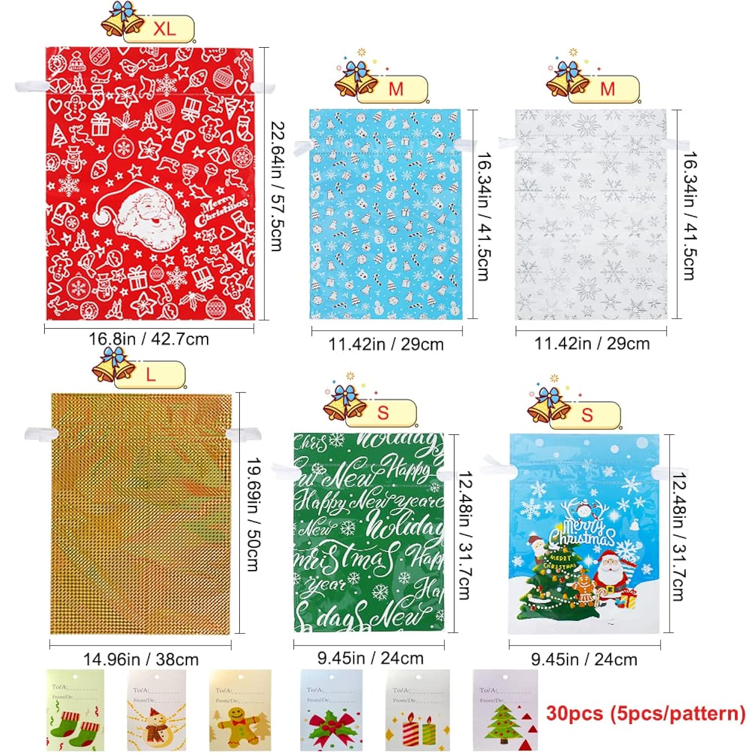 Christmas Drawstring Gift Bags Assorted Sizes,30Pcs Wrapping Bags Christmas Gift Sacks Xmas Goodie Bags For Birthday Holiday Party Favor
