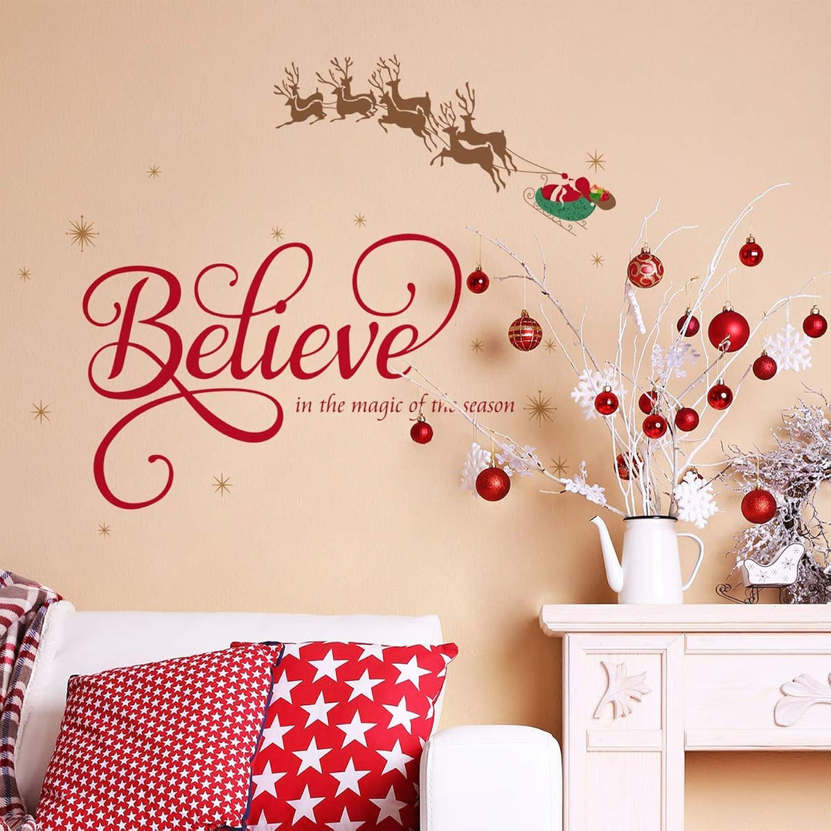 Believe Quote Wall Stickers Santa Claus Reindeer Snowfalkes Window Clings Decal For Showcase Home Decor Merry Christmas Decoration