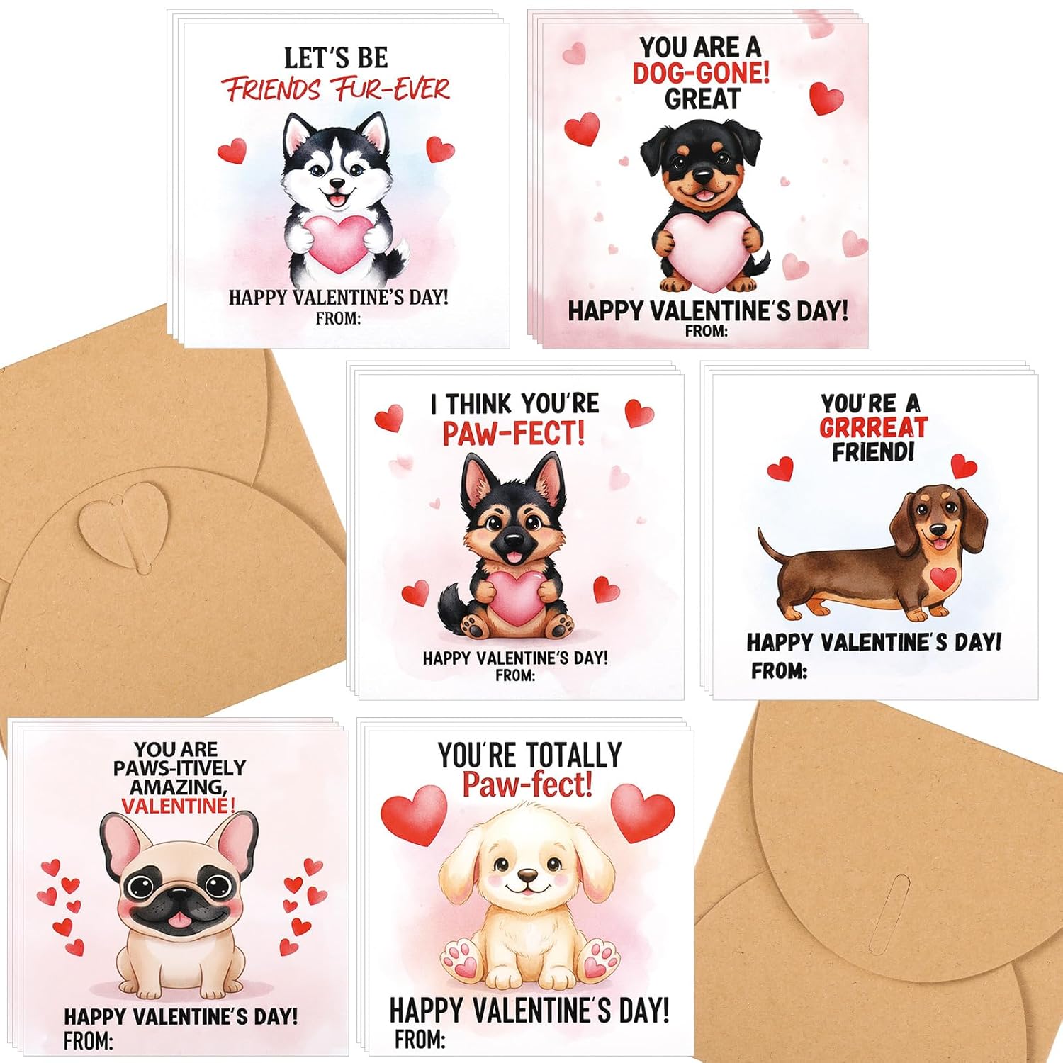 24 Pack 4.3 X 4.3 Valentine Cards With Envelopes Valentine'S Day Classroom Cards Assorted Adorable Design With Printed Message Inside For Teachers Students Coworker Family Friend(Dog)