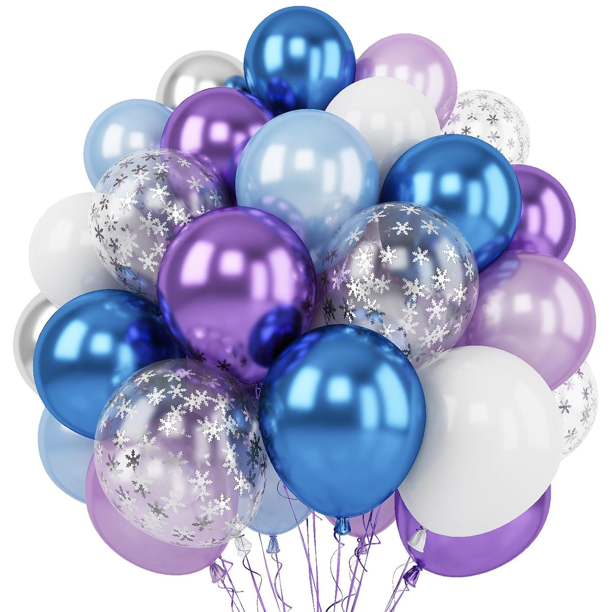 Winter Snowflake Balloons, 60 Packs 12 Inch Metallic Purple Blue White Silver Balloon With Confetti Balloon For Birthday Party Baby Shower Christmas Winter Wonderland Party Decoration