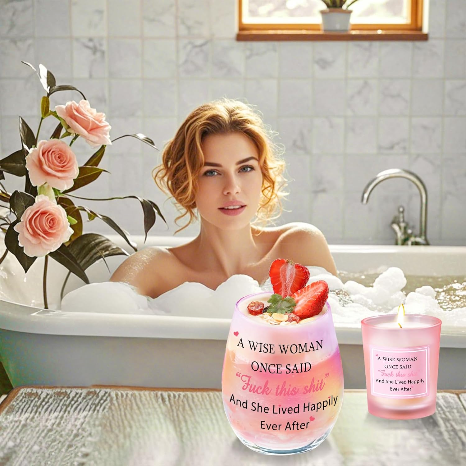 Stemless Glass Wine Glass, 16.2 Oz, Happy Woman Style, 480 Ml, Rectangular, Reusable, Home Use, Funny Gift For Women, Birthday, Christmas, Valentine'S Day, Mother'S Day, Women'S Day