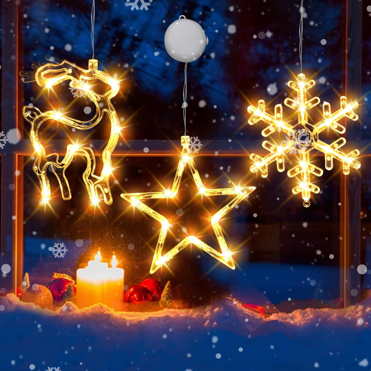 3Pcs Christmas Window Lights, Christmas Window Decorations Battery Powered Hanging Christmas Lights Snowflake & Star & E