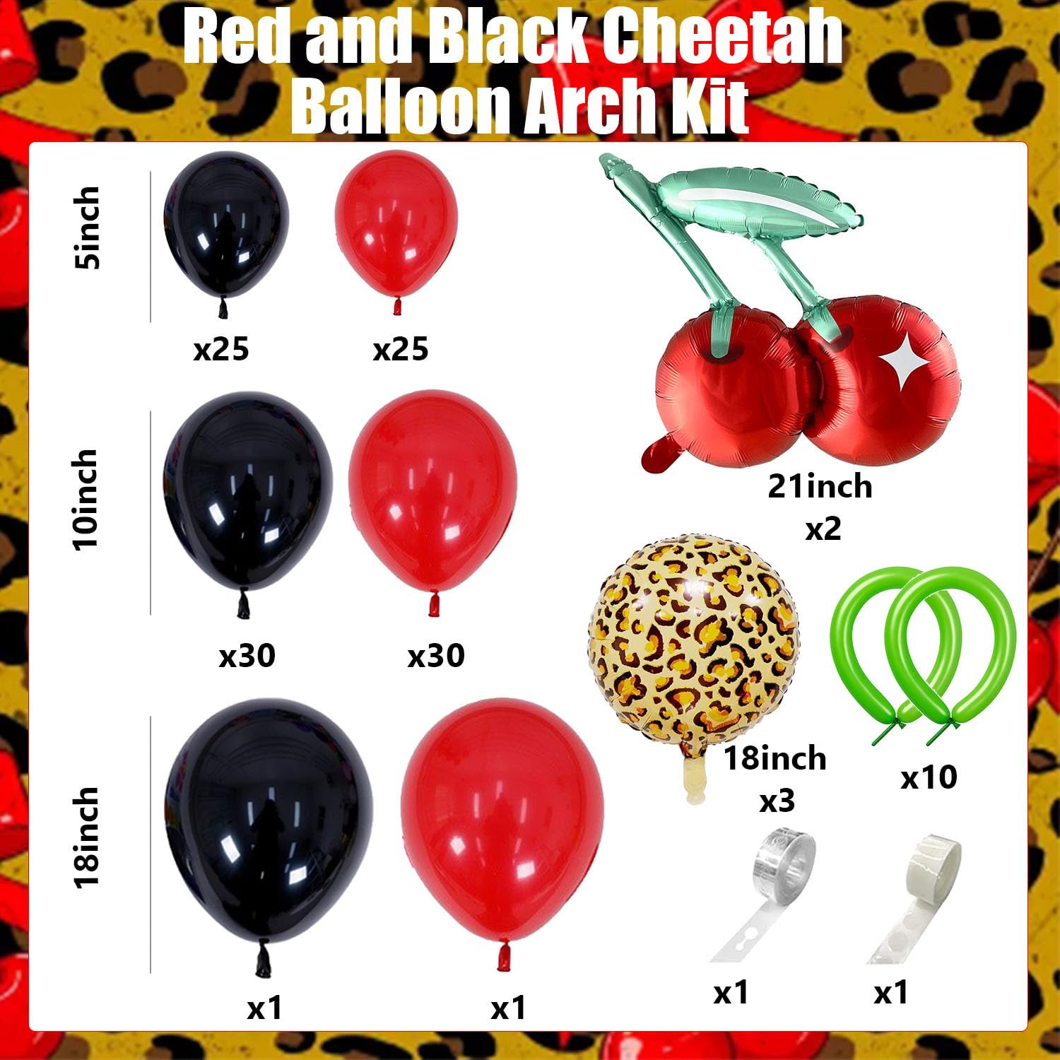 129Pcs Red And Black Cheetah Balloon Arch Kit With Leopard Print Cherry Foil Balloons For Girls Birthday Baby Shower Wedding Valentine'S Day Bachelorette Party Decorations