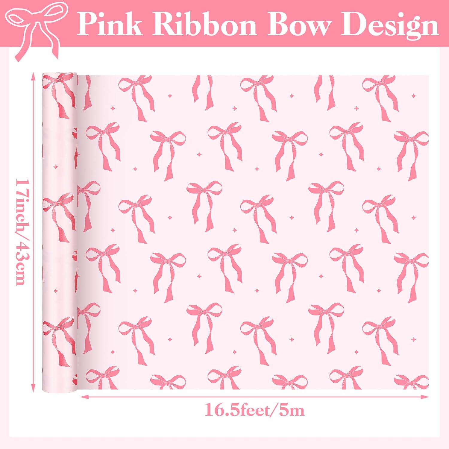 Pink Bow Wrapping Paper 2 Rolls - 17X16.5 Ft Each - Kraft Gift Wrap Supplies Decorations For Valentine'S, Girls Birthday, Christmas, Wedding, Baby Shower, 2 Design
