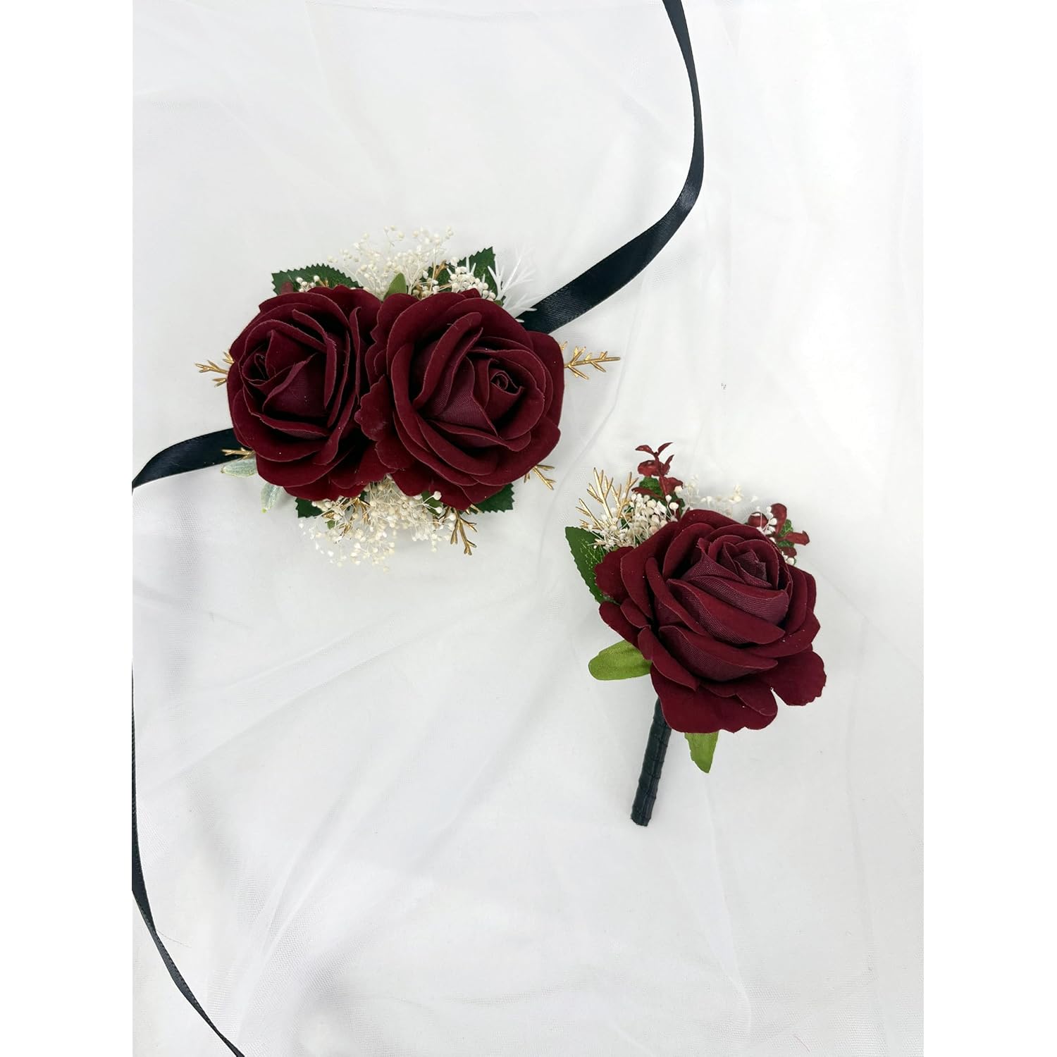 Burgundy Rose Corsage And Boutonniere Set With Baby'S Breath For Wedding Flower Accessories Prom Suit Decorations