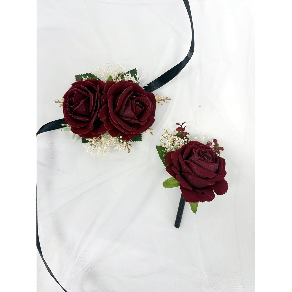 Burgundy Rose Corsage And Boutonniere Set With Baby'S Breath For Wedding Flower Accessories Prom Suit Decorations