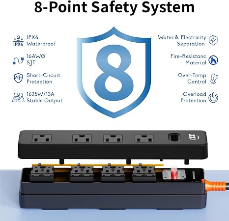 Weatherproof Surge Protector Power Strip 4 Outlets 6FT Extension Cord IPX6 13A 1625W Wall Mount