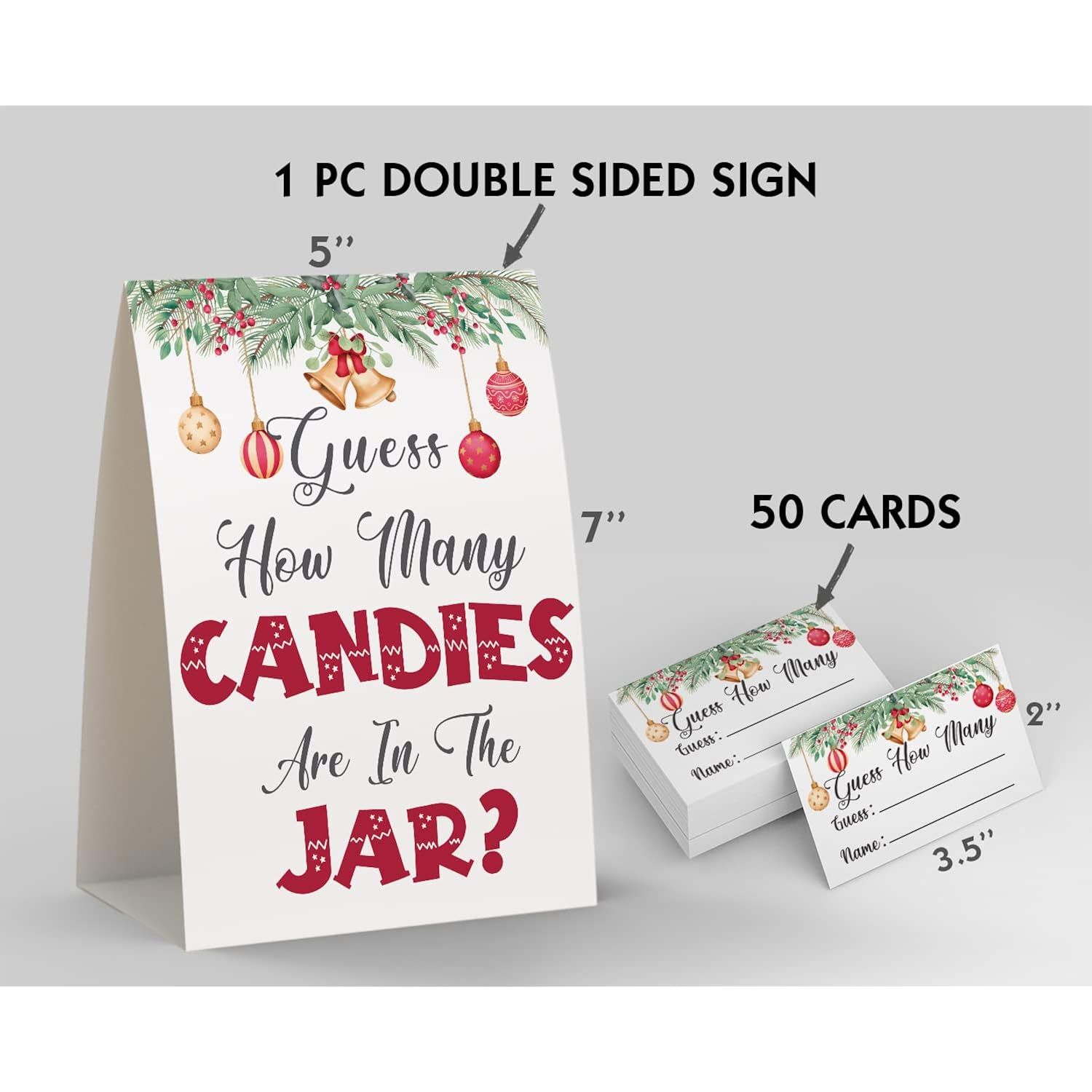 Christmas Party Games - How Many Candies Are In The Jar, 1 Standing Sign + 50 Cards, Christmas Party Ideas, How Many Kisses Game, Christmas Party Games For Kids / Cm001