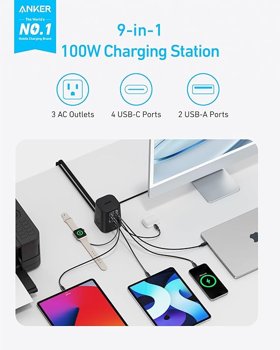 9 in 1 Desktop Charger Power Strip 100W USB C Charging Station with 3 Outlets 6 USB Ports 5FT Extension Cord