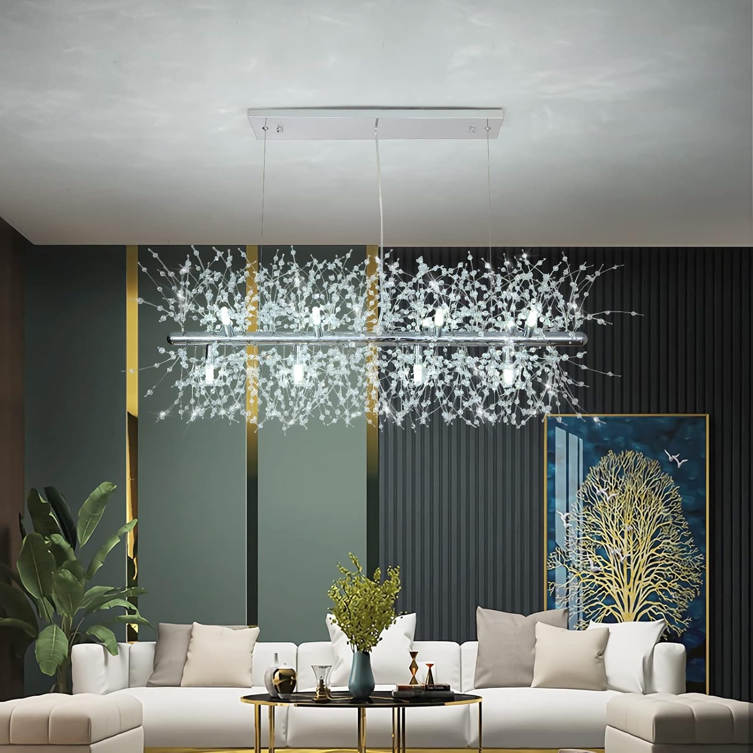 Modern Crystal Chandeliers Firework, 12-Light Dining Room Lighting Fixtures Hanging, Chrome Sputnik Firework Ceiling Light Fixture For Dining Room Living Room Kitchen Island (L 35.5")