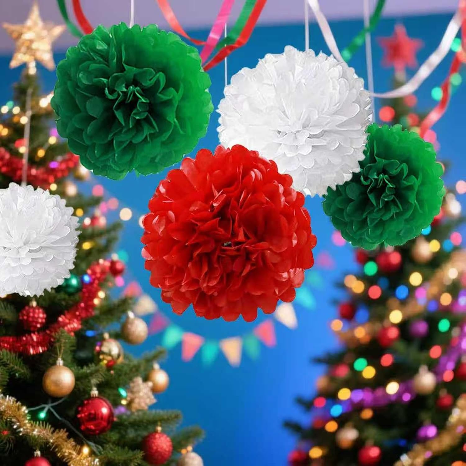 Red White And Green Tissue Paper Pom Poms 12Pcs Flowers Balls Are Perfect For Christmas Theme Graduation Birthday Wedding Party Decoration