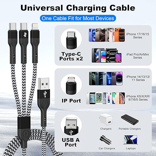 2 Pack 4FT 3 in 1 Multi Charging Cable Braided USB C Lightning Charger for iPhone