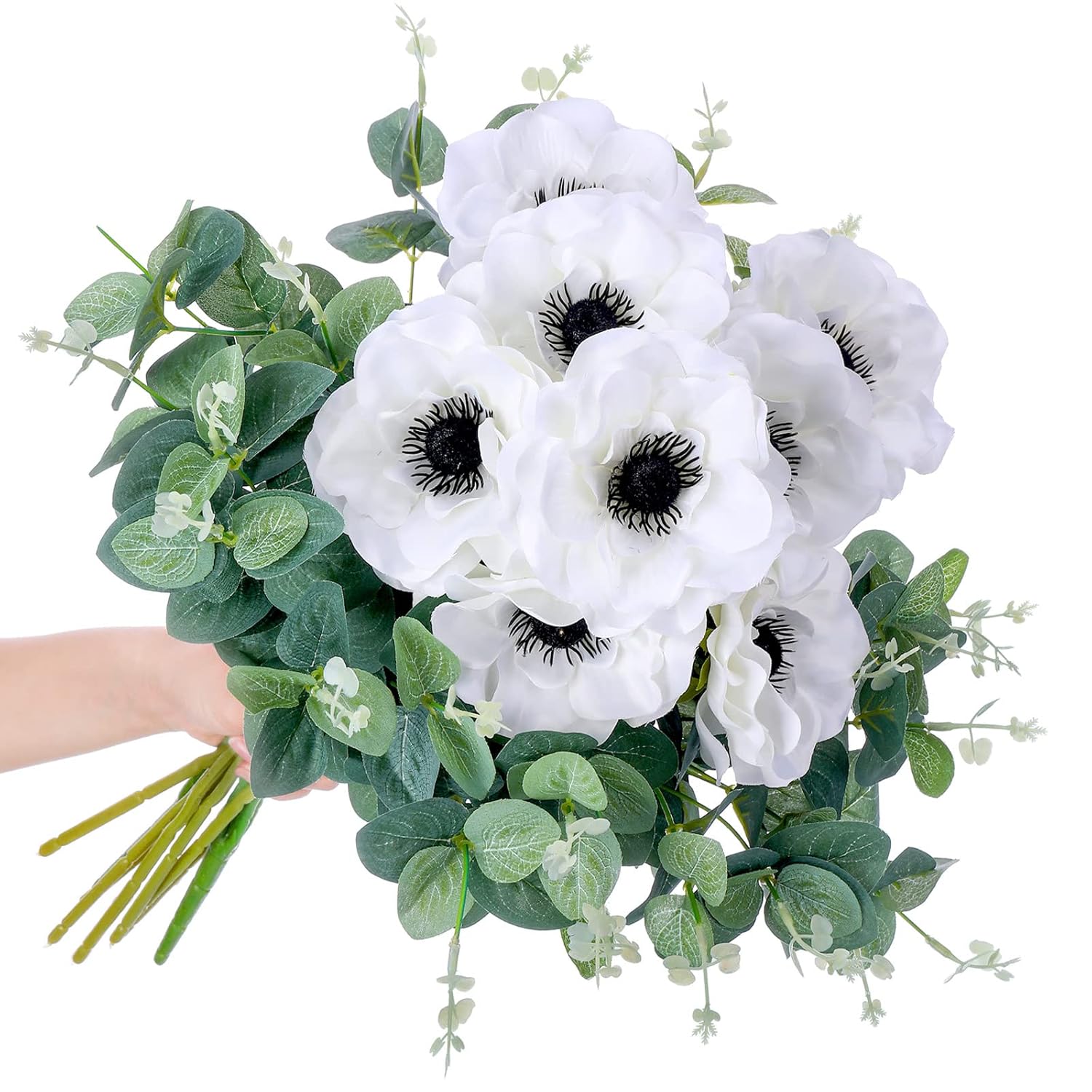10 Pcs Artificial Anemone Poppy White Flowers And Green Eucalyptus Stems Decor Fake Silk Flowers Greenery Branches Leaves Faux Flowers Floral Arrangements For Wedding Bouquet Garland Vase Centerpiece
