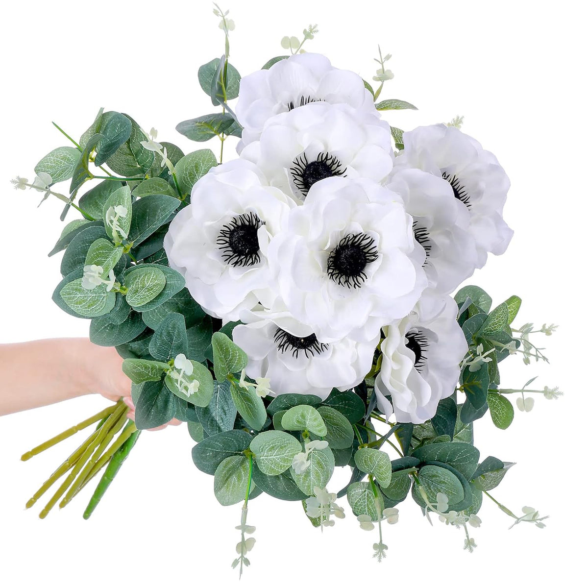 10 Pcs Artificial Anemone Poppy White Flowers And Green Eucalyptus Stems Decor Fake Silk Flowers Greenery Branches Leaves Faux Flowers Floral Arrangements For Wedding Bouquet Garland Vase Centerpiece