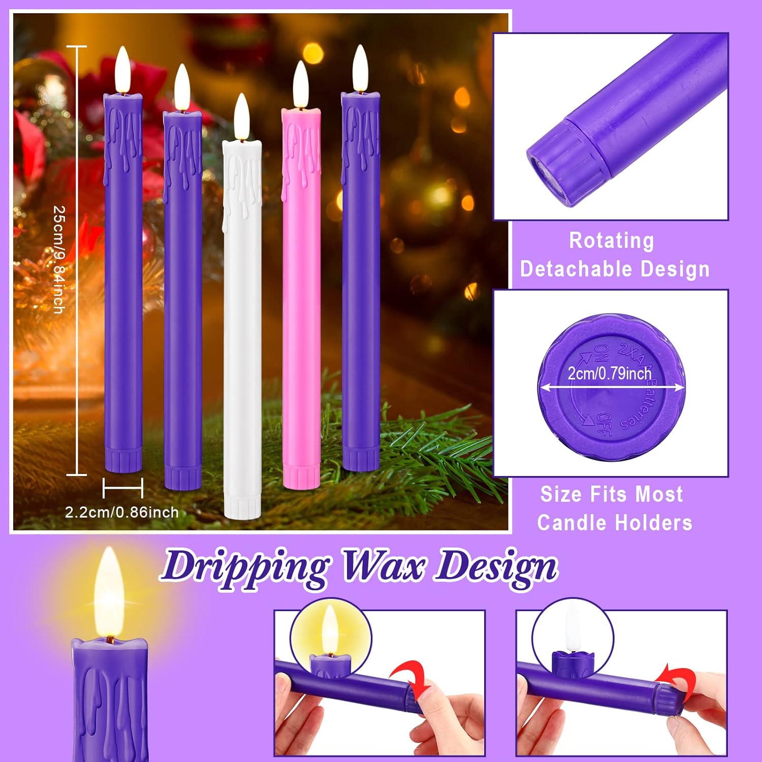 5 Piece Flameless Advent Candle Led Taper Candles For Christmas Advent Rituals Holidays, Church, Celebration, Home Decor(Drop Wax Style)