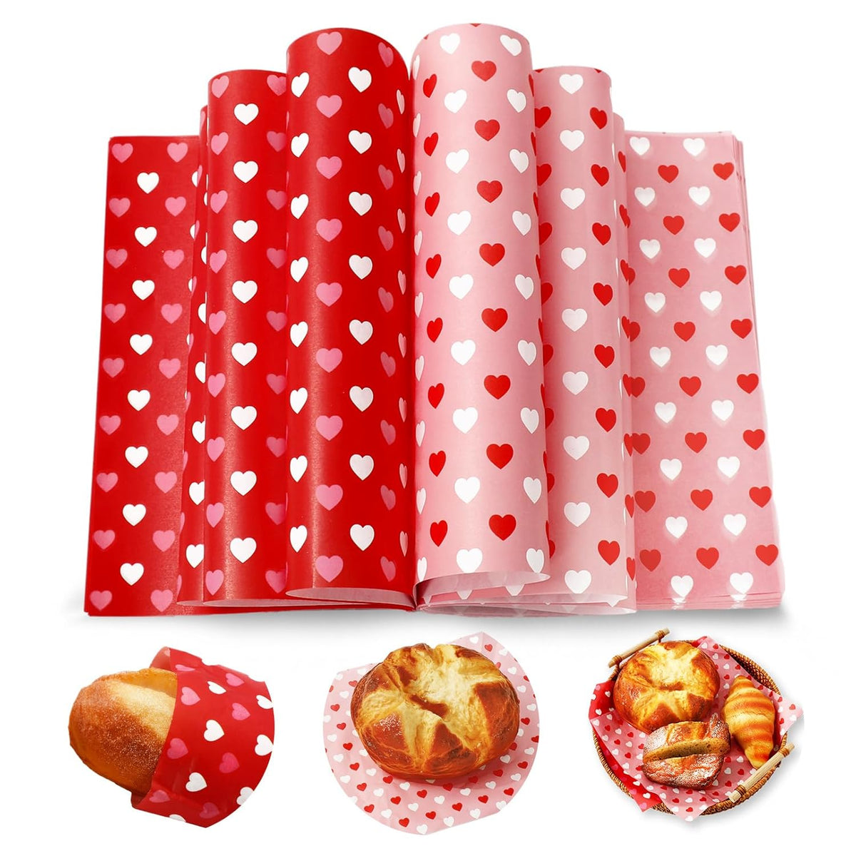 100 Pcs Valentine'S Day Wax Paper Red Pink Heart Waterproof Oil-Proof Deli Paper Tissue Sheets For Food Sandwich Picnic Basket Liners Kitchen Bakery Party Decor Supplies
