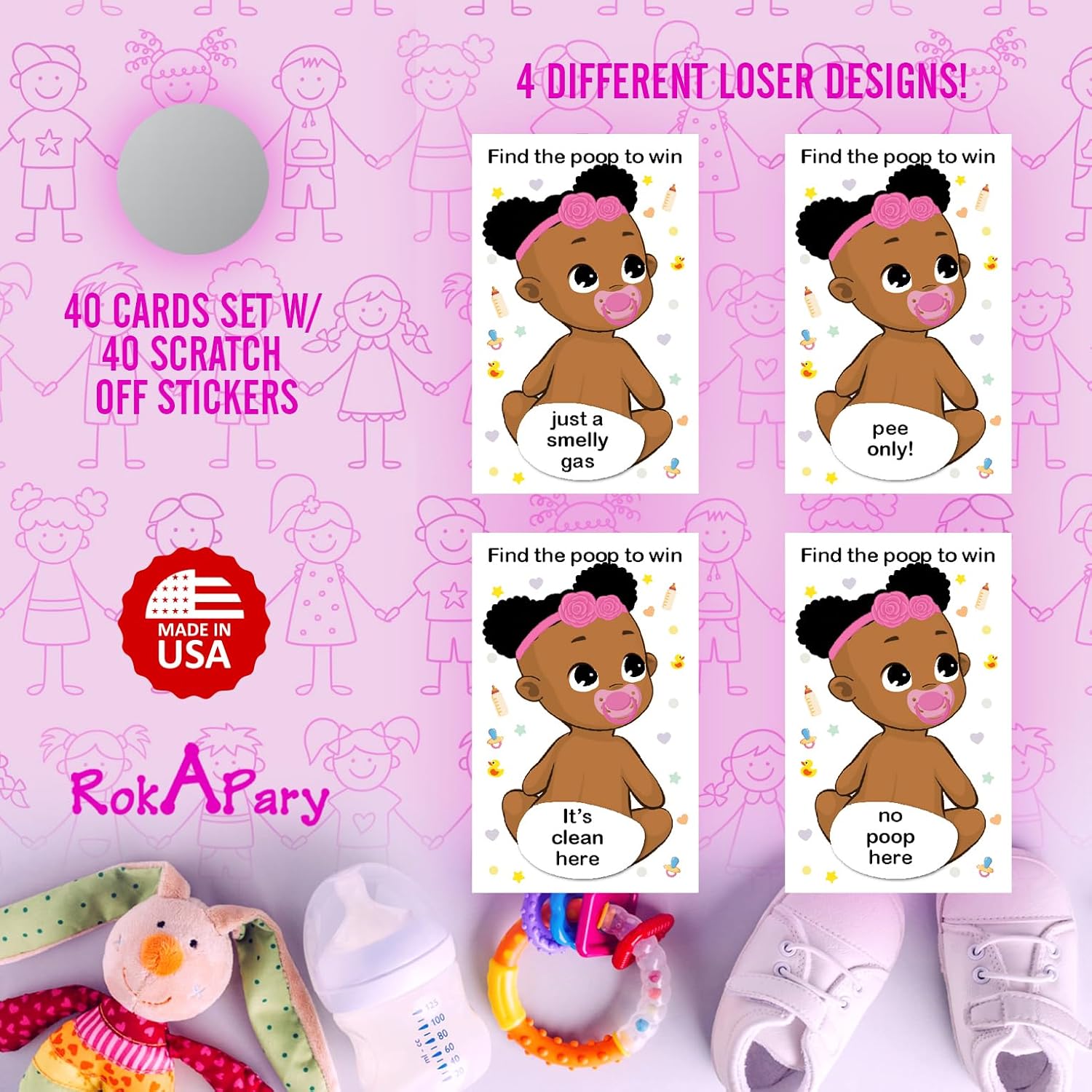 Baby Shower Girl Scratch Off Poop Game, Easy To Play Silly Games, Funny Idea, Ice Breaker Activity. Raffle Cards, Pink Pacifier, African American, Set Of 40 Cards Made In Usa
