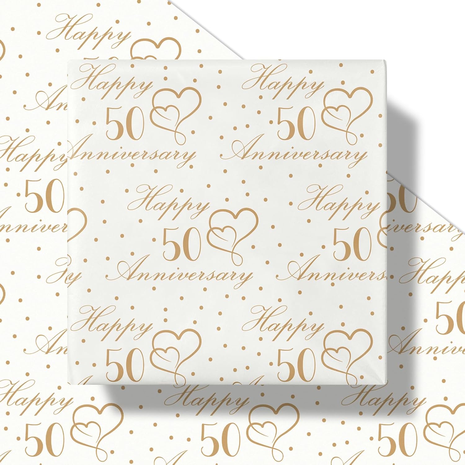 50Th Anniversary Wrapping Paper Roll For Golden Wedding, Mini Roll, Gold Happy 50 Anniversary Heart Gift Wrap For Wedding, Valentine'S Day Celebrations And More, 17 Inches X 16.4 Feet