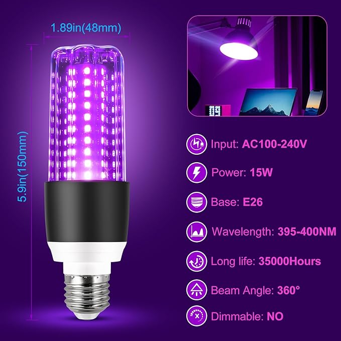 LED Black Light Bulbs 2 Pack 15W UV Blacklight 395nm 400nm E26 Base Glow Party Halloween Lighting