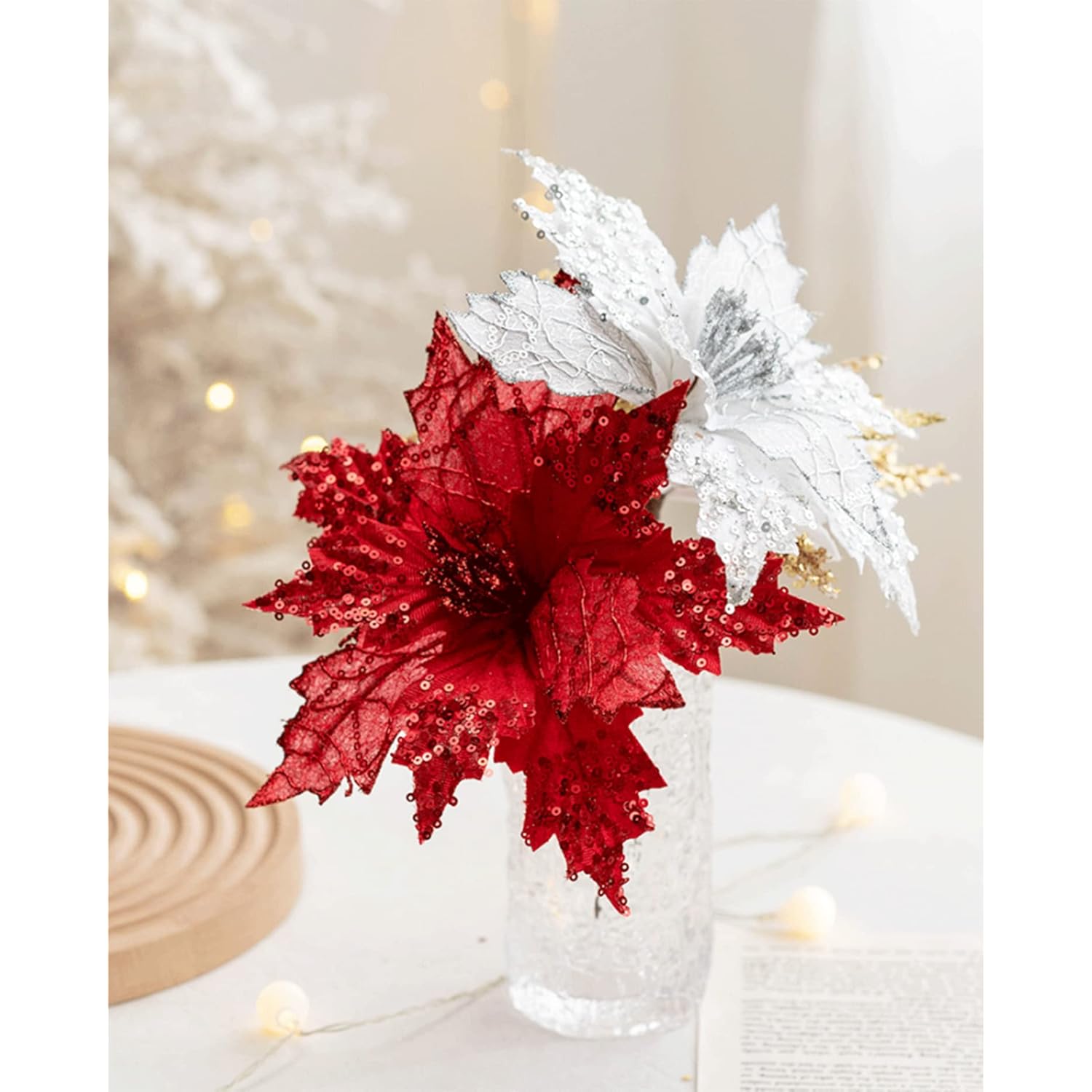 6 Pcs Christmas Poinsettia Ornaments Picks, Artificial Silk Flower For Christmas Tree Wreath Decoration, 7.8 Inch (Silver)
