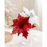 6 Pcs Christmas Poinsettia Ornaments Picks, Artificial Silk Flower For Christmas Tree Wreath Decoration, 7.8 Inch (Silver)