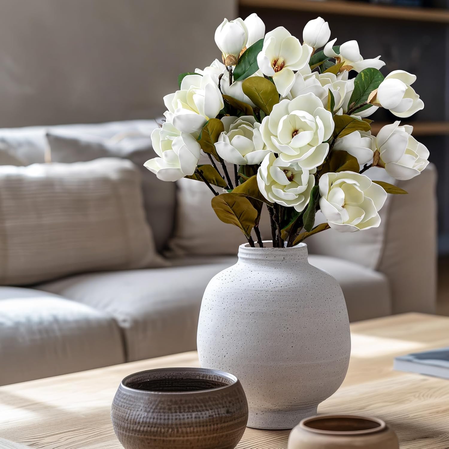2 Pcs 36.5Inch Artificial Magnolia Flowers 3D Real Touch 6 Heads Faux Magnolia Flowers Realistic Long Stem With Green Leaves For Home Wedding Table Office Floral Arrangement Decoration (White)