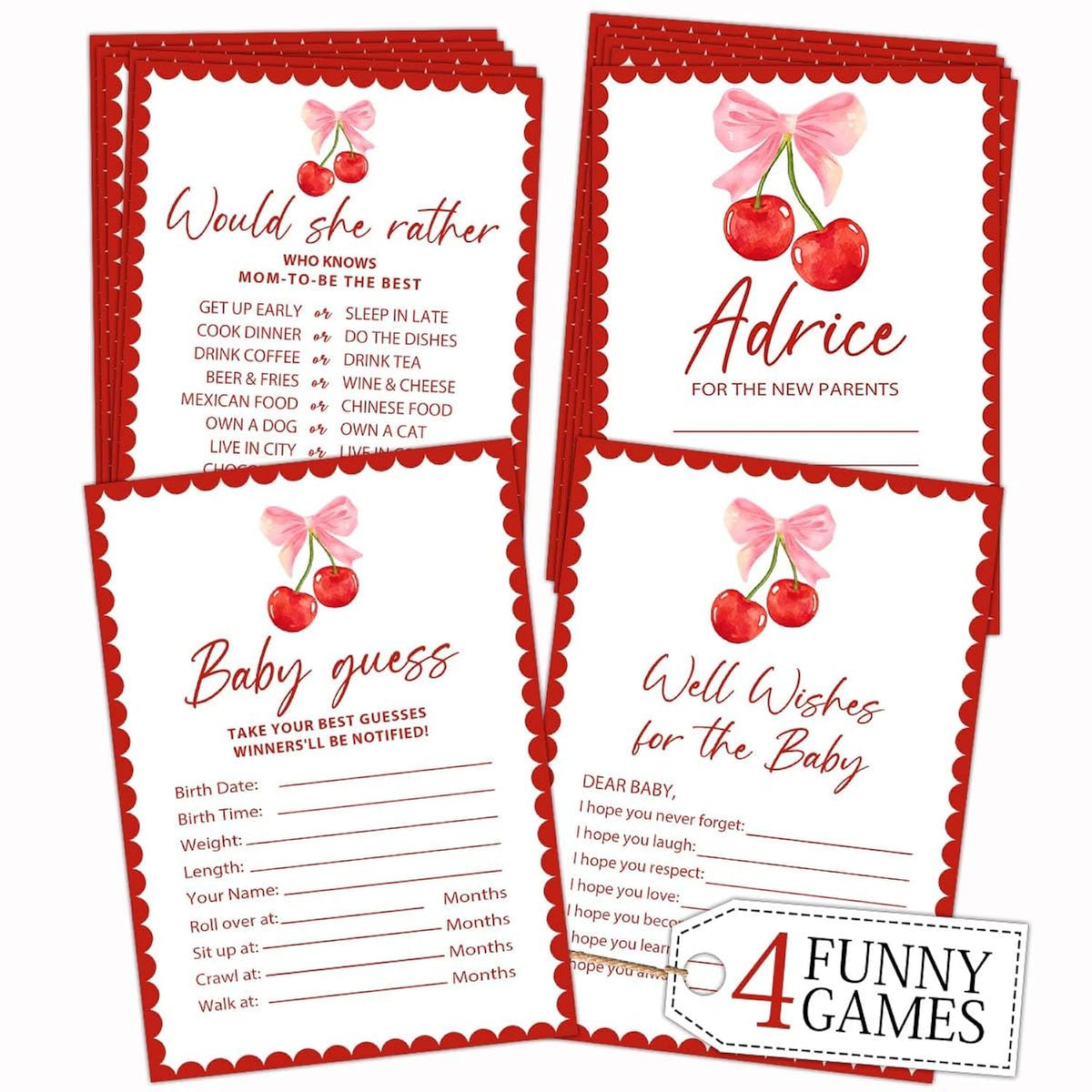Cherry Baby Shower Game, 4 Funny Games For Boy Or Girl, Babies Guess Cards, Would She Rather, Advice For New Parents, Well Wishes For Babies, Cherry Baby Shower Decoration For 20 Guests