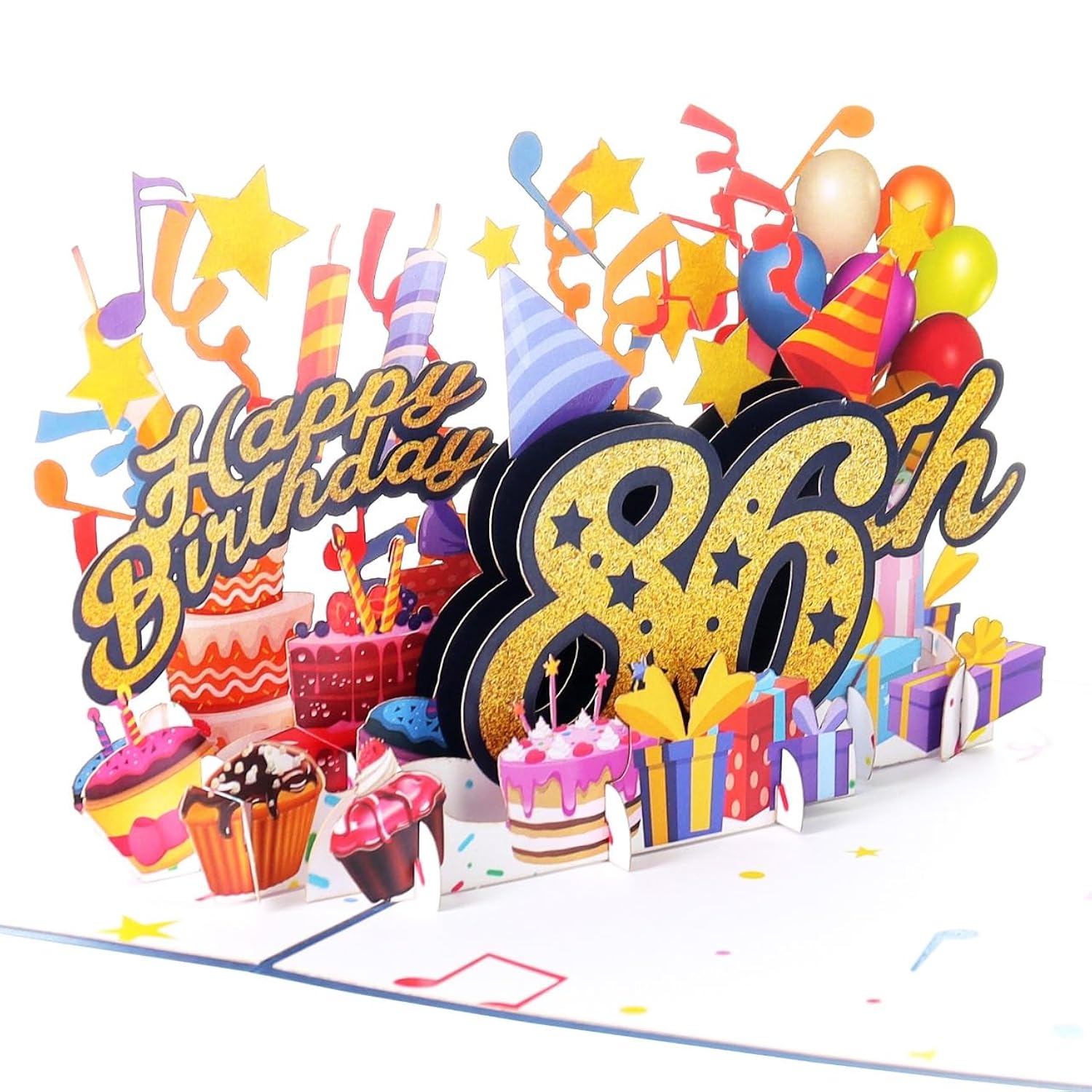 3D Pop Up Happy 86Th Birthday Card – Blue Design With Glitter Numbers, Balloons, Cakes & Gifts – Unique Bday Card For Dad, Mom, Husband, Wife, Man Or Woman – 5" X 7"
