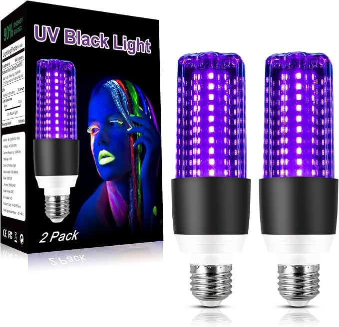 LED Black Light Bulbs 2 Pack 15W UV Blacklight 395nm 400nm E26 Base Glow Party Halloween Lighting