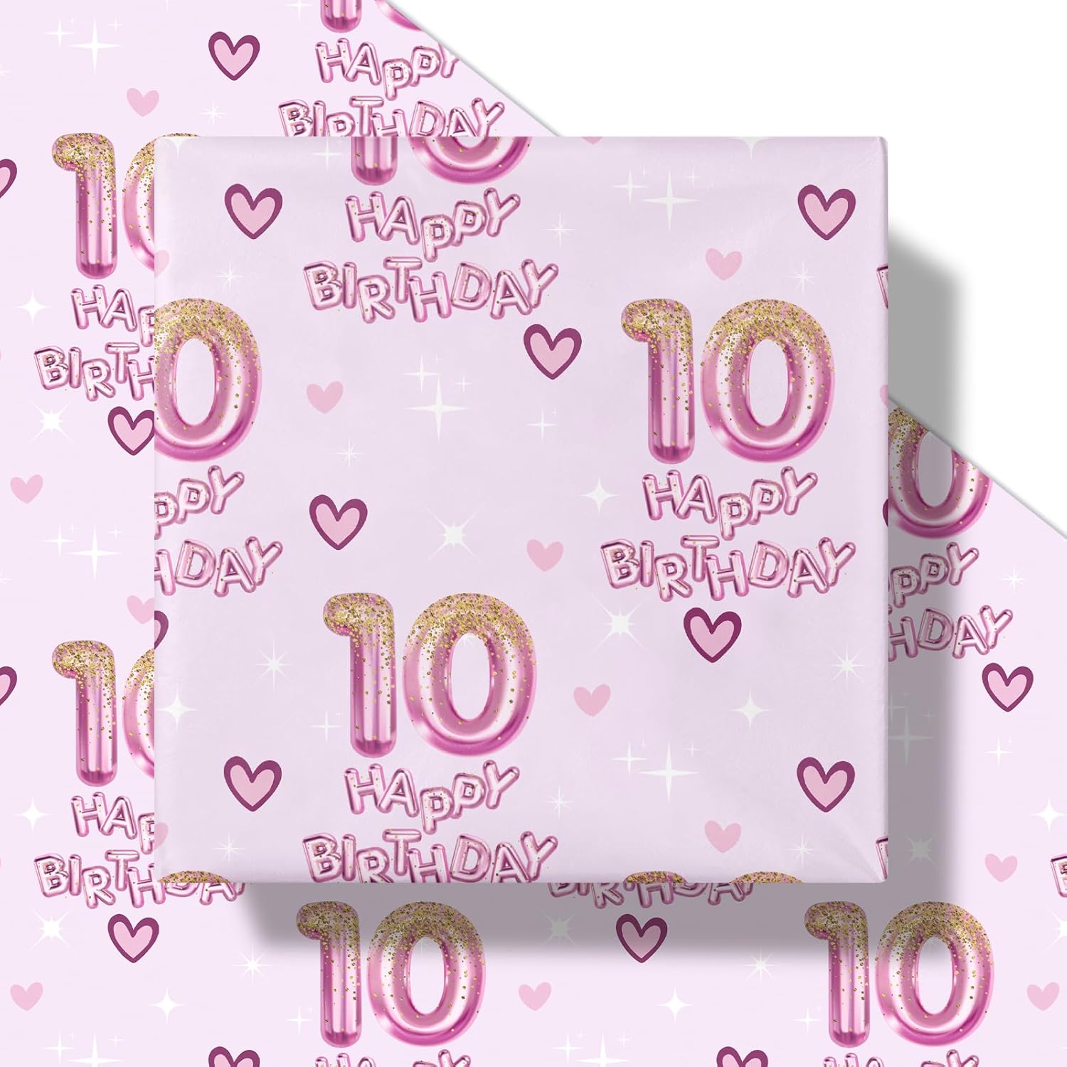 10Th Birthday Wrapping Paper Girls, Hearts And Pink Number 10 Balloons Happy Birthday Design, 10 Years Old, Mini Roll, 17 Inches X 16.4 Feet, Perfect For Girls' Birthday Party Gifts