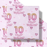 10Th Birthday Wrapping Paper Girls, Hearts And Pink Number 10 Balloons Happy Birthday Design, 10 Years Old, Mini Roll, 17 Inches X 16.4 Feet, Perfect For Girls' Birthday Party Gifts