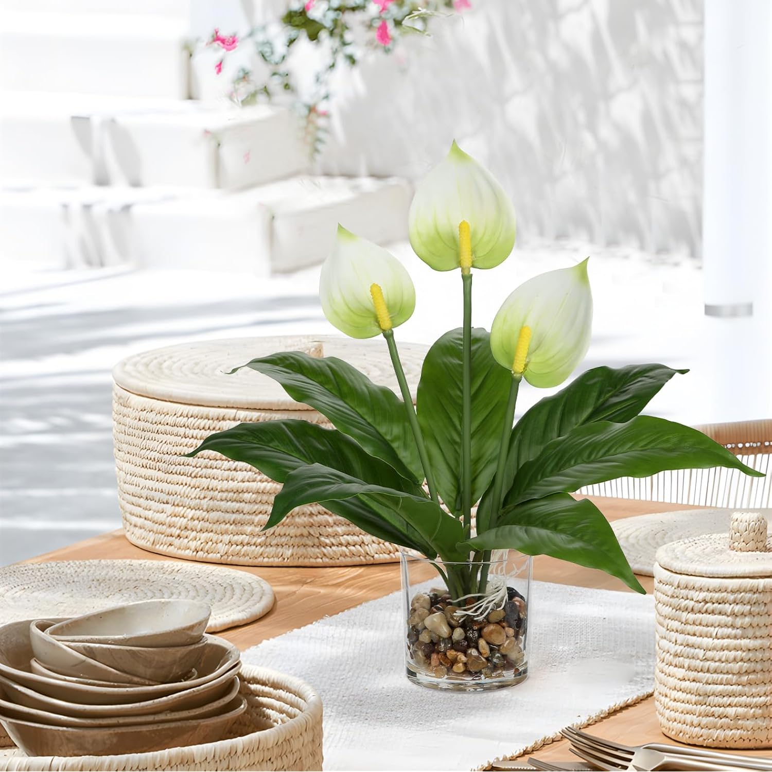 Fake Flowers In Vase 15.8" White Anthurium Artificial Flowers With Vase Tropical Flowers Artificial Realistic Faux Flower Glass Silk Flower Arrangements For Home Bathroom Kitchen Table Centerpiece