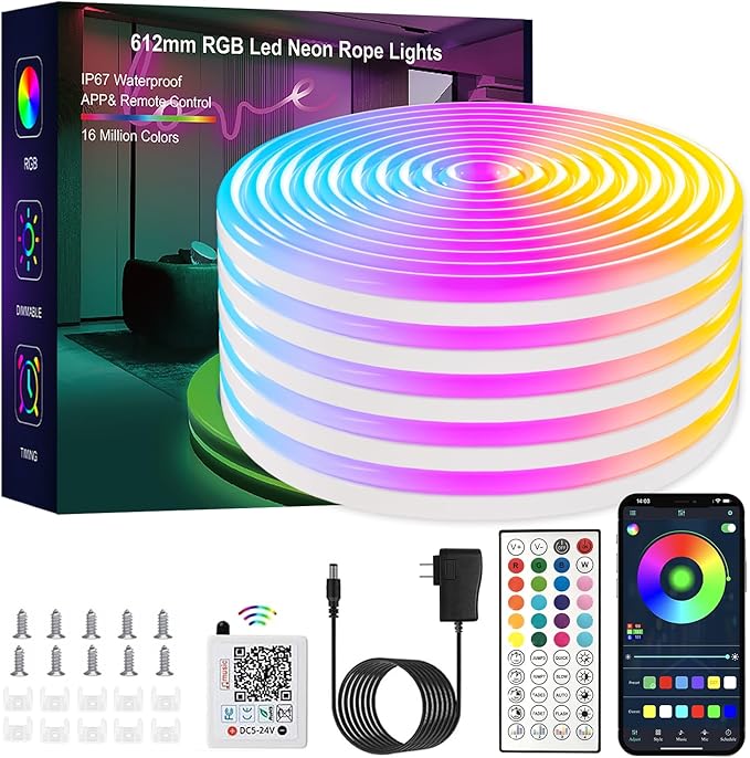 50FT RGB LED Neon Rope Lights App & Remote Control Music Sync IP67 Waterproof Strip Lights