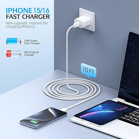 2 Pack 20W USB C Fast Wall Charger with 10FT Woven USB C Cable for iPhone 17 16 15 iPad