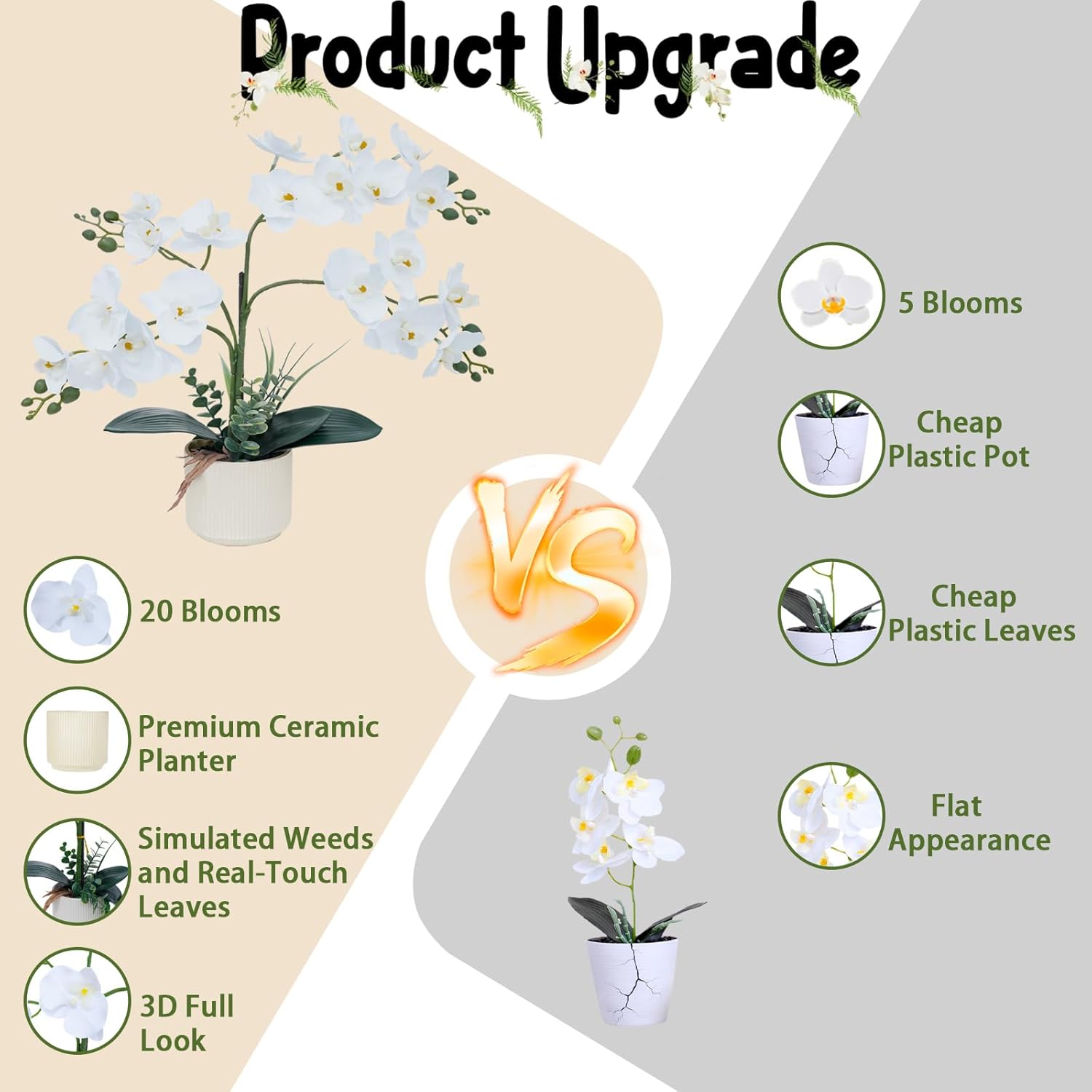 Upgraded White Artificial Orchid Flowers With Ceramic Vase Fake Orchids Real Touch Flowers For Home Decor Bathroom Decoration Table Centerpieces (White)