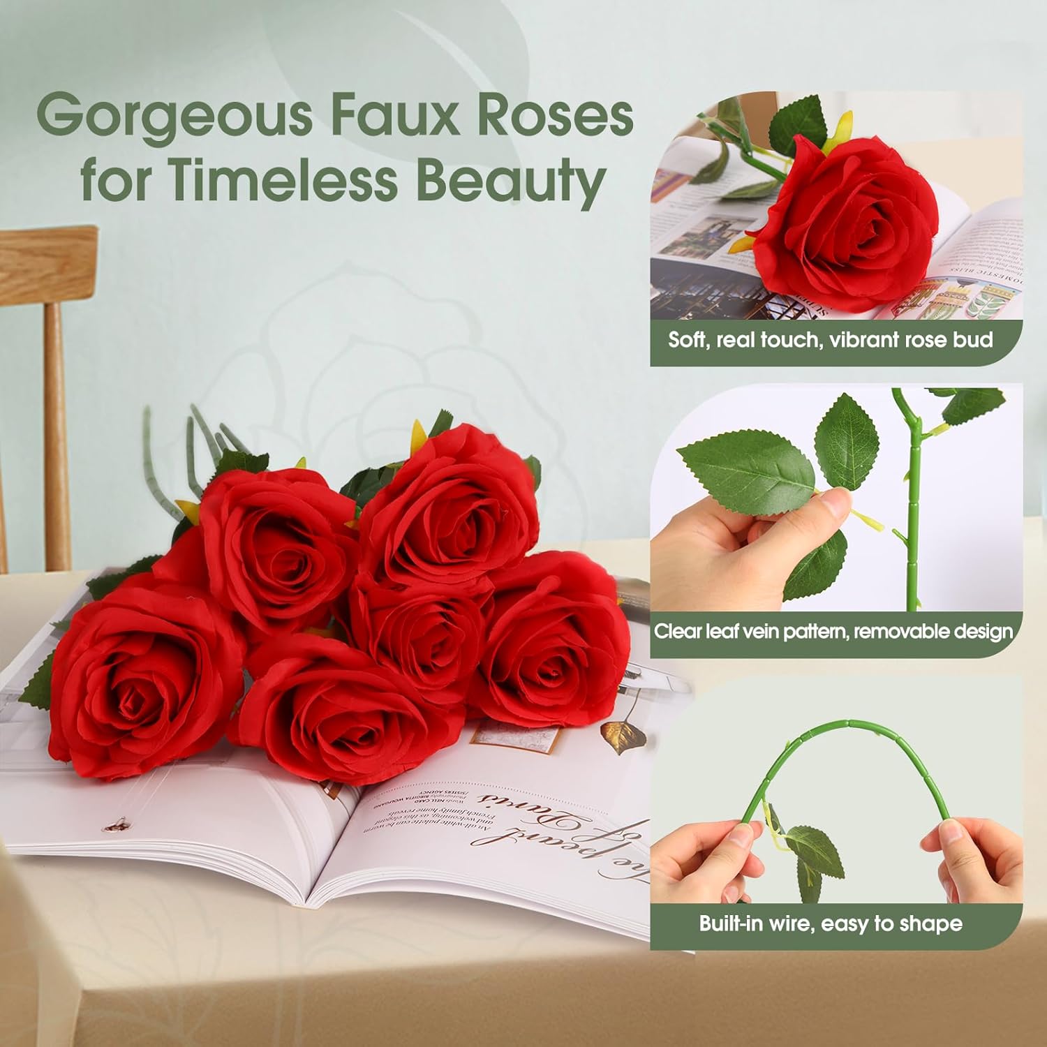 20Pcs Realistic Red Roses Artificial Silk Flowers With Long Stems, Real Touch Fake Red Roses Bulk For Arrangement Wedding Party Home Table Decor, Diy Bouquet