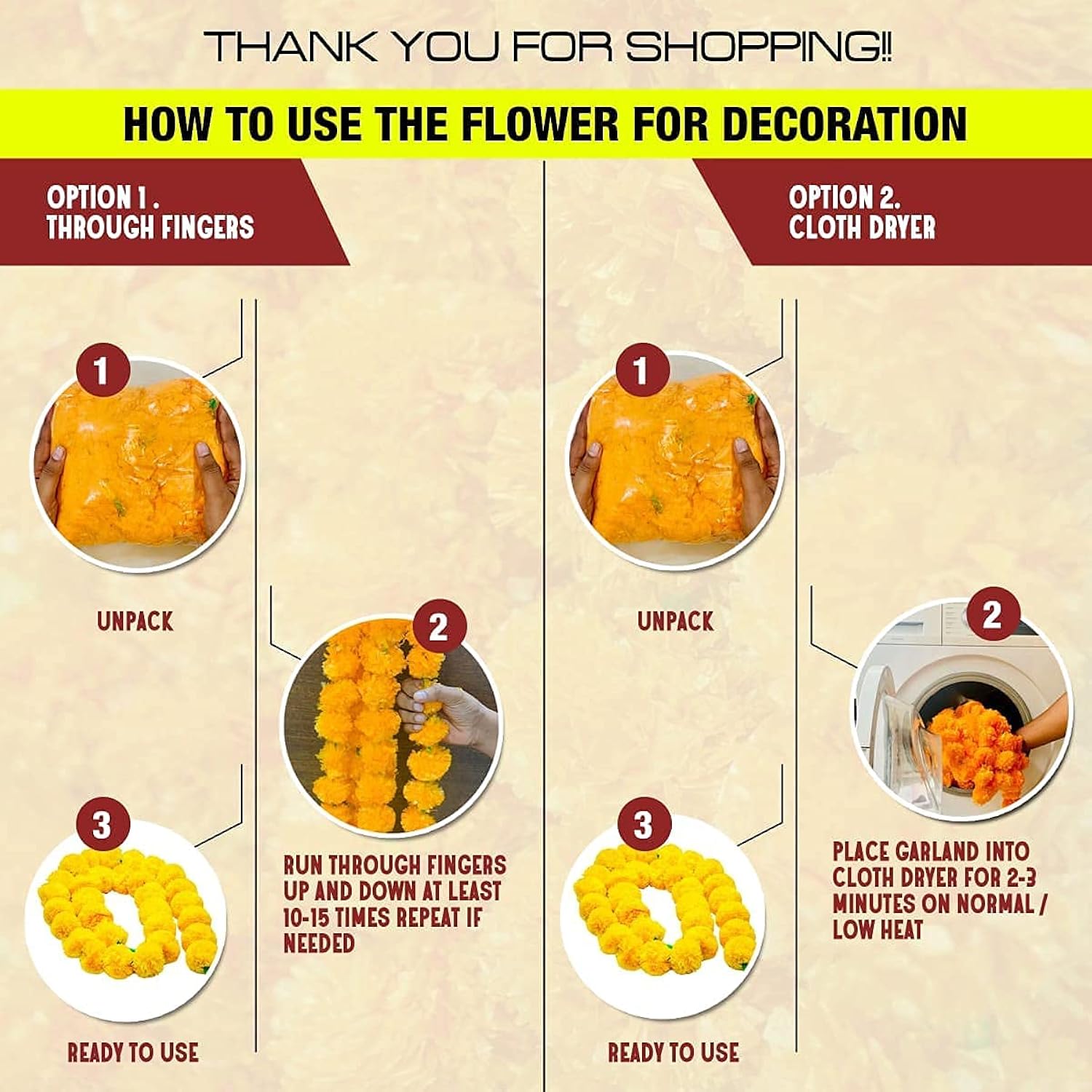 10 Pc - 5 Feet Marigold Garland |Indian/American Wedding Party Mantle Decoration, Faux Garlands Wedding Garland, Diwali Decoration, Spring Bush Floral! (Yellow & Dark Orange)