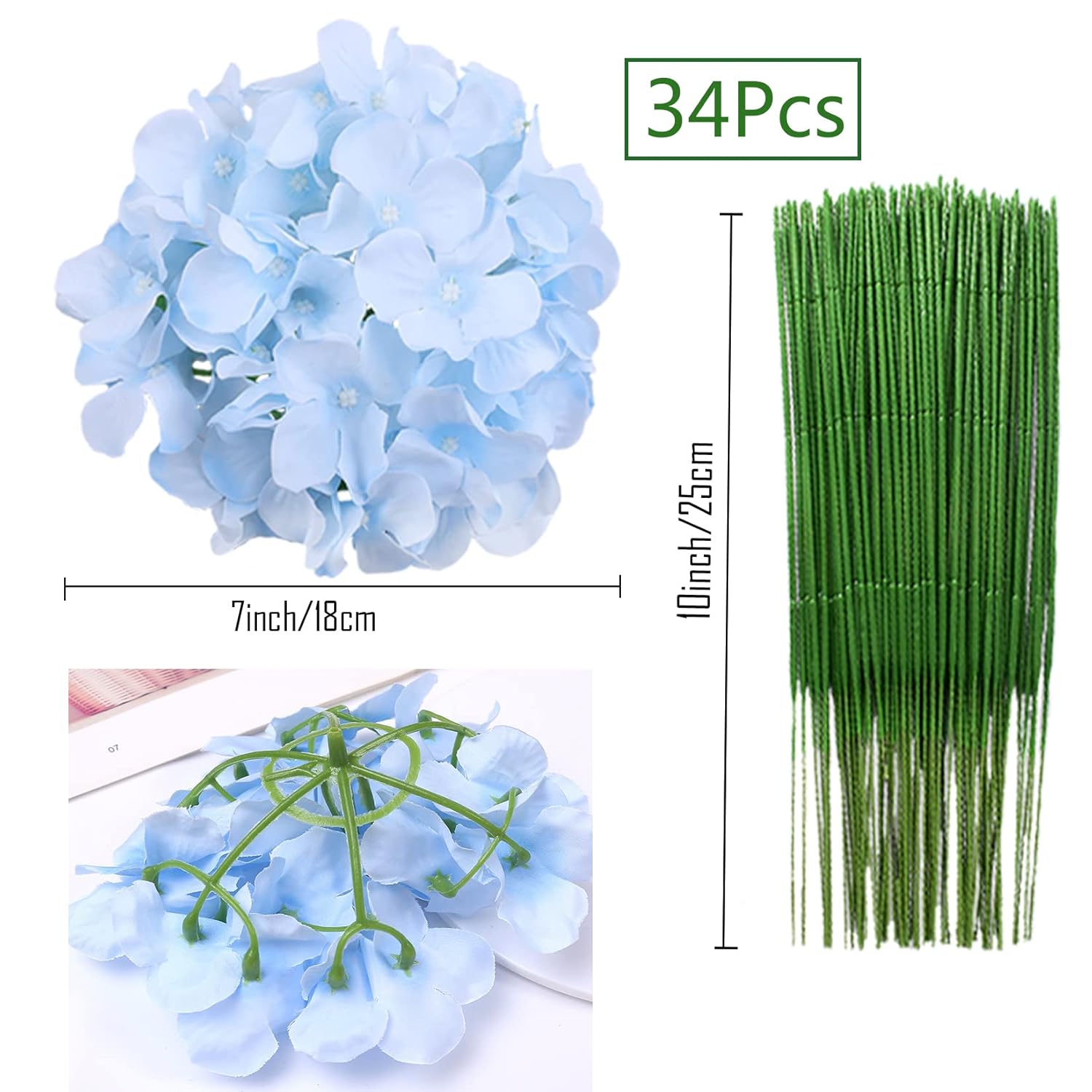 34 Pcs Silk Hydrangea Heads Artificial Flowers Heads And Stems Fake Hydrangea Flowers In Blue For Home Wedding Decor