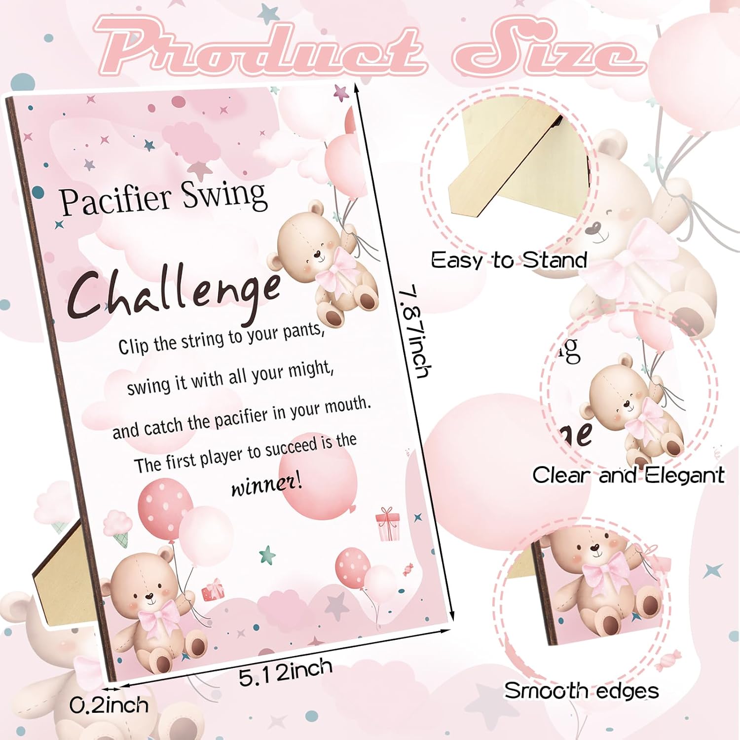 12 Sets Swing Pacifier Baby Shower Games Funny Gender Reveal Games, Include 1 Wooden Sign And 12 Plastic Pacifiers For Bridal Baby Shower Gender Reveal Party Women Men(Bear,Pink)