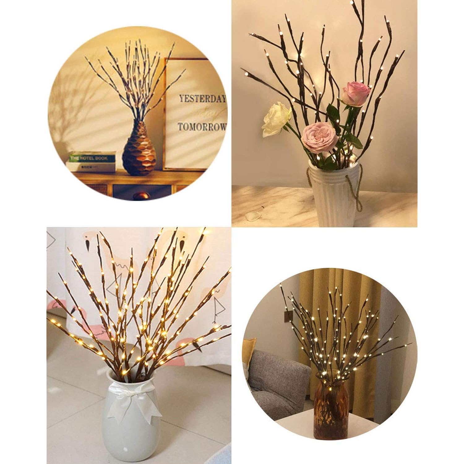 Led Branch Lights, Battery Powered, Warm White, Brown, Plastic, 20 Led, 5 Bendable Poles, 25 Inches, Modern Office Decoration