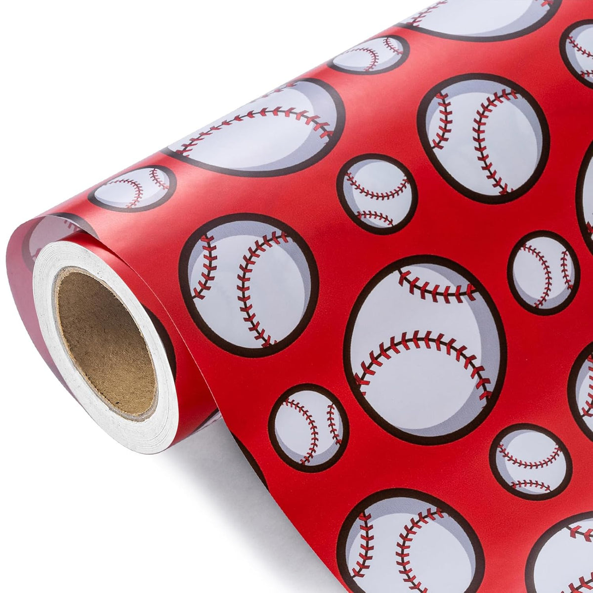 Baseball Wrapping Paper Roll - Mini Roll - 17 Inch X 9.8 Feet - Sports Red Baseball Design, Perfect For Birthday, Party, Holiday