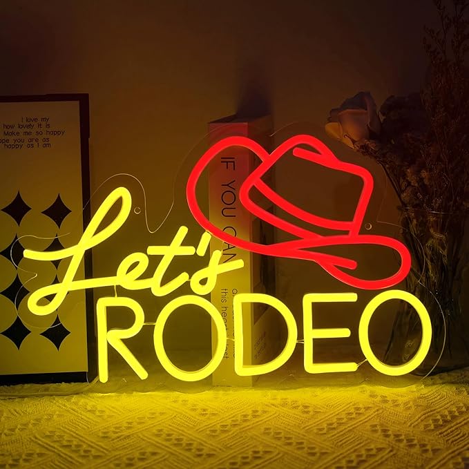 Let's Rodeo Neon Sign Dimmable Cowboy Hat LED Wall Light for Game Room Bar Man Cave Farmhouse Decor