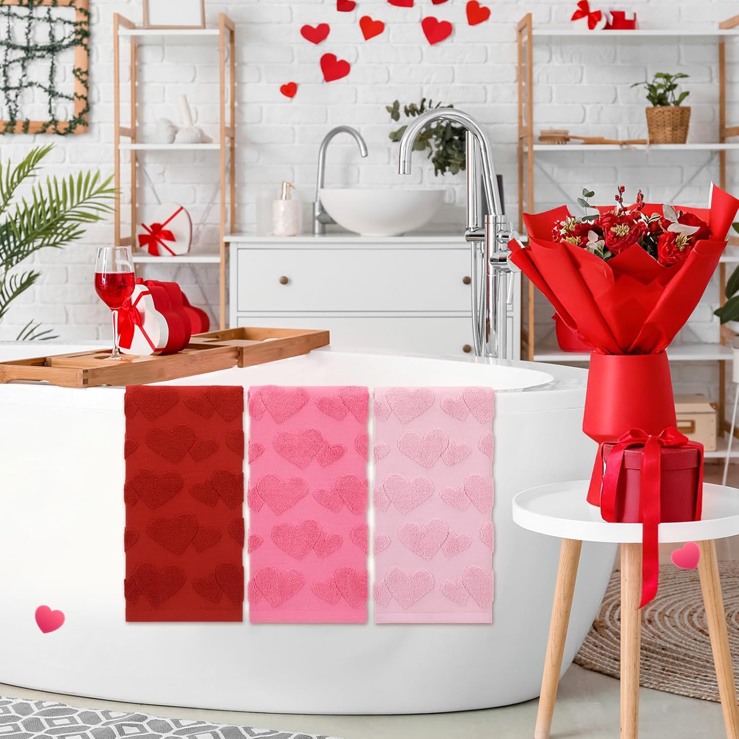 3 Pcs Valentine'S Day Heart Jacquard Towels Cotton Decorative 3D Hand Towels With Heart Pattern Valentine'S Theme Gifts For Bathroom Kitchen 29.53 X 13.78 Inch