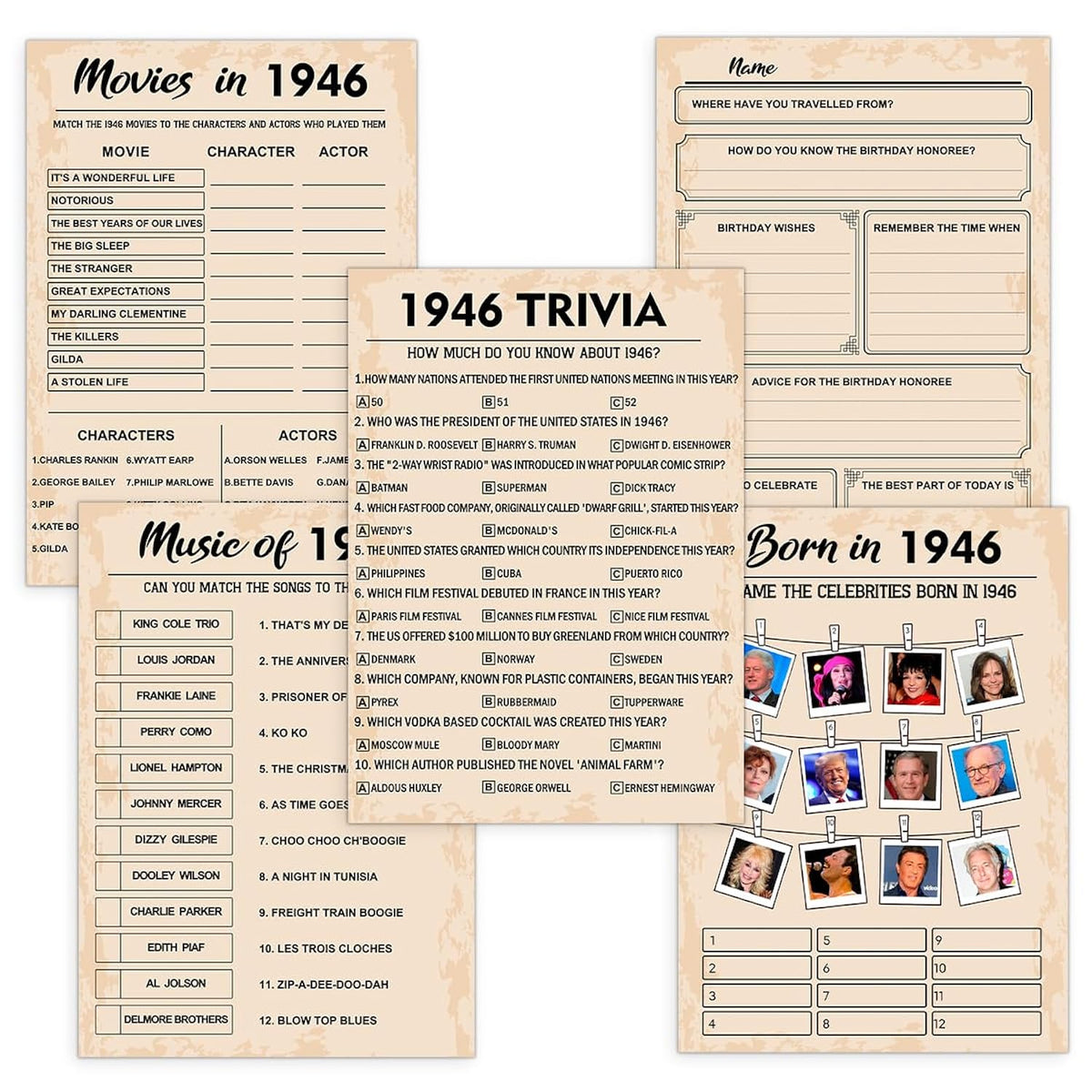 80Th Birthday Party Games, Set Of 5 Activities For 10 Guests, Born In 1946 Games Bundle, Birthday Party Supplies For Adults, Pack Of 50 Cards