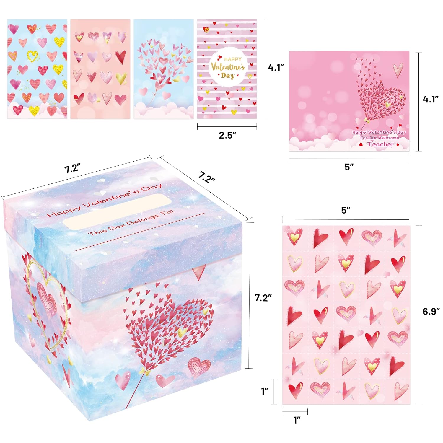 Valentine Boxes For Kids Valentines Day Cards With Heart Mailbox Set For Boy Girl Toddlers School Classroom Holiday Favor Exchange Supplies 1 Box, 32 Valentine Cards, 1 Teacher Card, 35 Stickers