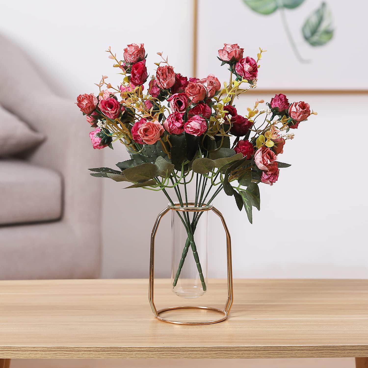 7 Branch 21 Mini Rose Heads Artificial Flowers Bouquet Wedding Home Office Decor,Pack Of 2 (2 Pcs Rose Red)