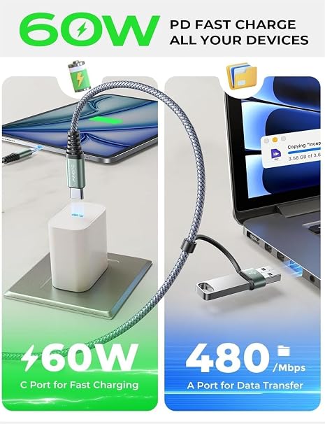 2 Pack 60W Right Angle USB C Fast Charging Cable 6.6FT with USB Adapter
